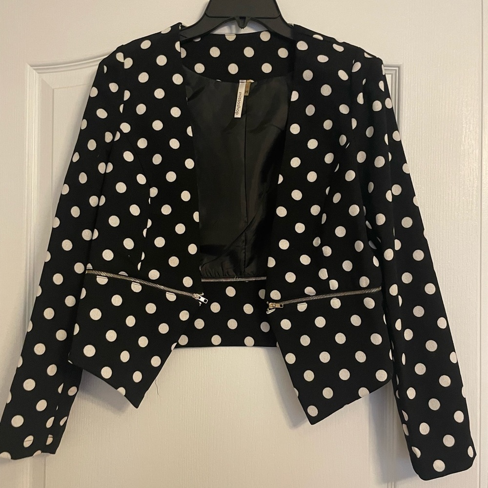 Medium Mittoshop Black and White Polkadot Cropped Blazer w Zipper Detail